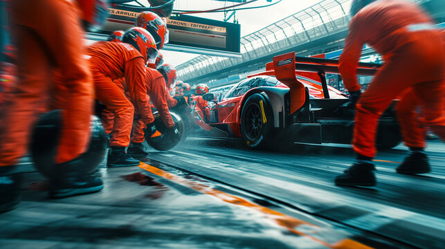 The tension and focus of a pit crew, ready to spring into action, as the race car approaches for a decisive pitstop during the race.