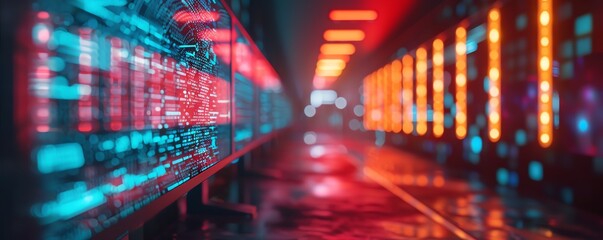 Fototapeta premium Colorful futuristic server room with vibrant neon lights and blurred data screens, showcasing digital technology and online network systems.