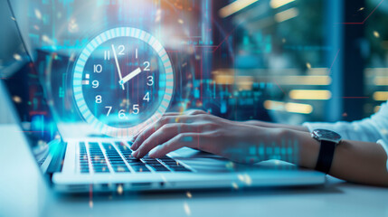 A detailed shot of a woman's hands typing on a laptop, with a digital clock and a productivity app in the background, representing time management in remote work.