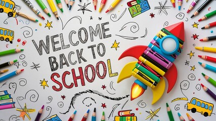 Banner, "Welcome Back to School" illustration,  a playful rocket using a variety of bright colors, Surround the rocket with playful school elements