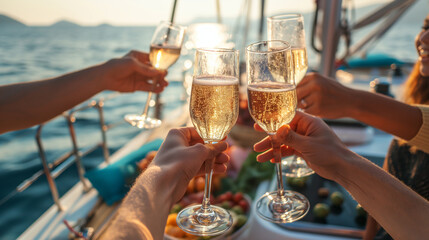 Obraz premium Group of friends raising their champagne glasses in celebration on a yacht, with a panoramic view of the sea and distant islands.