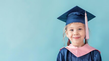 Cheerful kindergarten graduate, clear copy space, aerial view, soft lighting isolated on soft plain pastel solid background