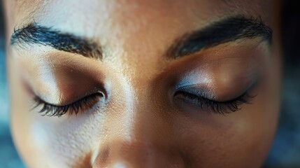 Obraz premium Close-up of a person's face with closed eyes, highlighting smooth skin, defined brows, and long eyelashes in serene, natural light.