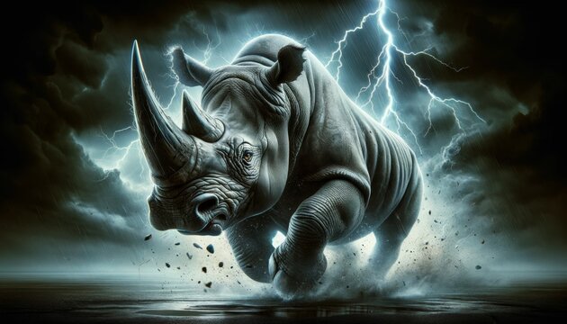 A menacing rhinoceros charging forward with lightning striking in the background, highlighting its aggressive posture.