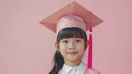 Joyful kindergarten graduation, clear copy space, aerial view, cheerful light isolated on soft plain pastel solid background