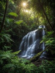 Obraz premium Sunlight filters through dense canopy of lush forest, illuminating cascading waterfall surrounded by verdant ferns, foliage. Water flows over rocky face, creating serene.