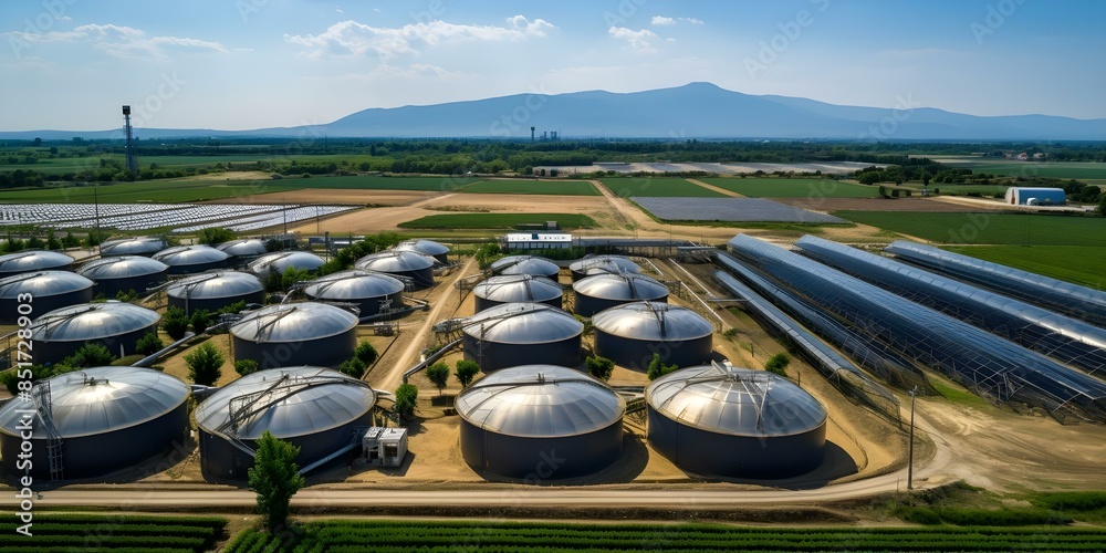 Wall mural Highdefinition aerial view of biogas plant in farmland for energy production. Concept Biogas Plant, Farmland, Energy Production, Aerial View, High Definition - Wall murals