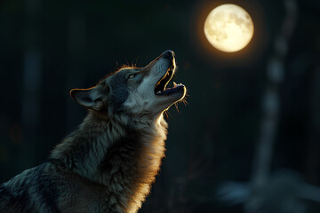 howling wolf in front of full moon, wolf at night, a wolf during a full moon, panorama, kawaii, 3d rendering