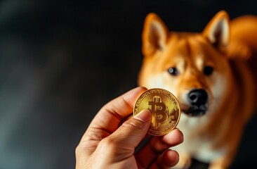 Hand Holding Bitcoin Coin with Shiba Inu Dog.
