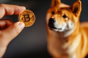 Hand Holding Bitcoin Coin with Shiba Inu Dog.