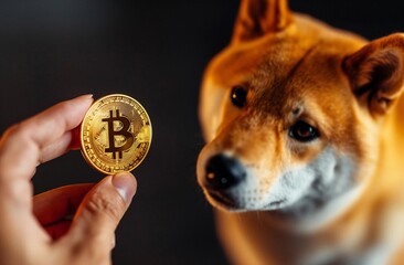 Hand Holding Bitcoin Coin with Shiba Inu Dog.