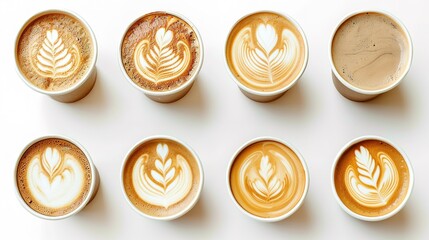 Variety of coffee top views, latte art designs on white backgrou