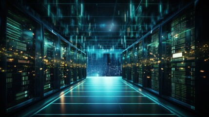 Obraz premium Modern data center with illuminated servers in cool blue tones
