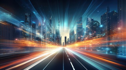 Fototapeta premium Futuristic cityscape at night with glowing buildings and highways