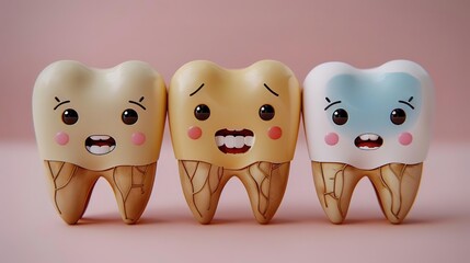 Obraz premium Photo of Cute kawaii group teeth characters with one unhealthy tooth