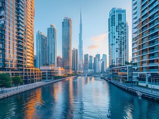 Fototapeta premium Stunning Cityscape View from Bridge Overlooking Illuminated Skyscrapers and Busy River