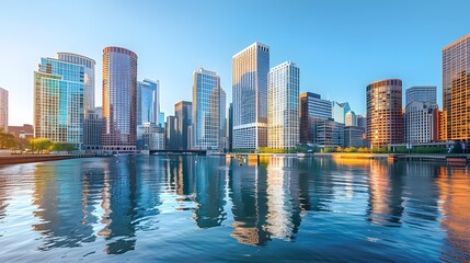 Fototapeta premium Majestic Urban Skyline Reflecting on Serene Waterfront at Sunset