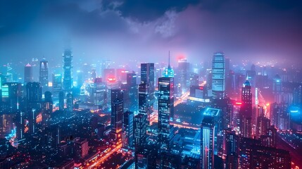 Fototapeta premium Glittering Nightscape of a Bustling Metropolis with Illuminated Skyscrapers and Busy Streets