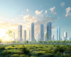 Fototapeta premium Sustainable Urban Planning with Towering Skyscrapers and Lush Green Spaces
