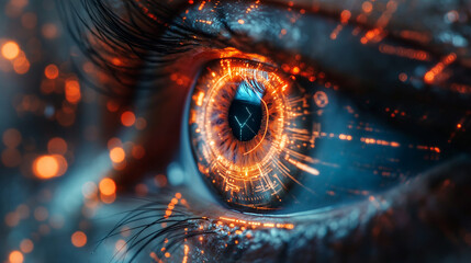 Abstract circuit and mechanical eye on dark background. Internet crime concept.