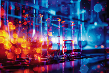 abstract medical background with geometric shapes reminiscent of laboratory flasks, test tubes and medical instruments. Vibrant colors evoke a sense of innovation and discovery. 