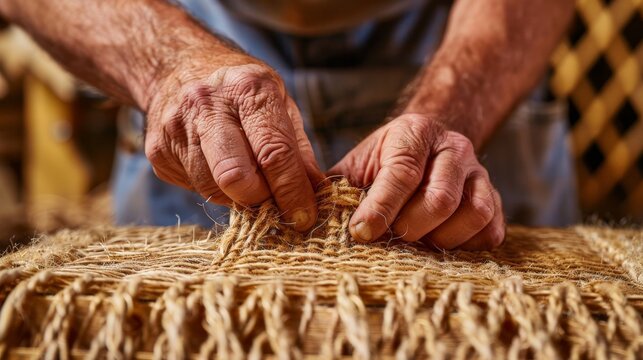 Close-up of skilled hands weaving natural fiber in traditional craftwork, showcasing the art and precision of handmade craftsmanship.