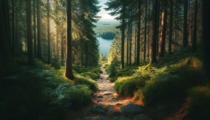 Obraz premium A detailed view of a forest path leading down to the lake, surrounded by pine trees and underbrush.