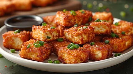 Crispy fried tofu served hot on a white ceramic plate with a side of soy dipping sauce