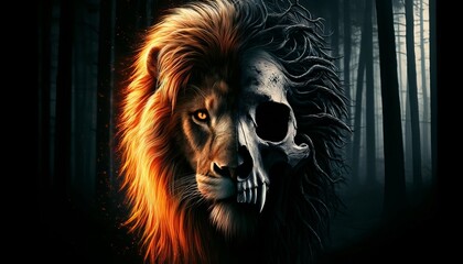 A detailed close-up of a lion prowling through a dark, eerie forest, with the fiery side of its mane lighting the path and the skull side blending int.