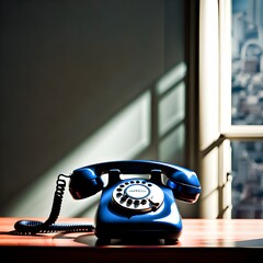 Blue landline phone on a table by the window