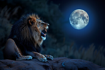 Naklejka premium scary lion, lion howling in front of full moon, lion at night, lion during full moon, panorama, kawaii, 3d rendering