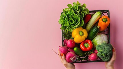 Fresh vegetables in a black basket on a pink background.