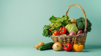 Fresh vegetables in a wicker basket on a blue background.