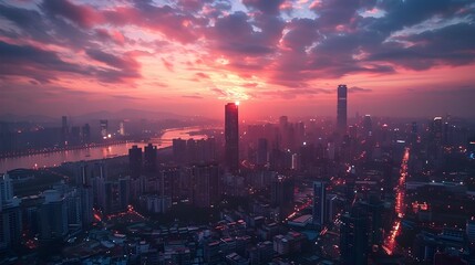Fototapeta premium Majestic Cityscape at Sunset with Towering Skyscrapers and Dramatic Sky