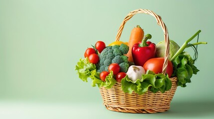 Fresh and colorful vegetables in a wicker basket against a green background.