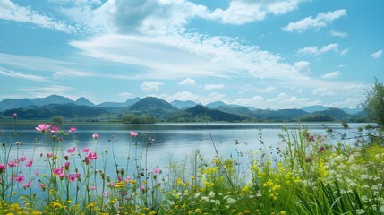 Scenic Mountain Lake with Colorful Spring Wildflowers in Meadow under Cloudy Sky