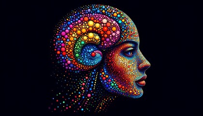 A side profile of a human face made entirely from colorful dots, capturing the contours and features in an abstract form.