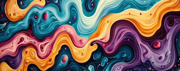 An abstract background with organic shapes and flowing lines, cool purple and turquoise tones create a feeling of calm and focus. Layered patterns and textures add depth to the design