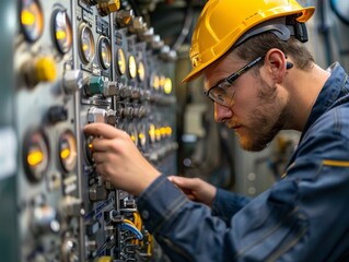 Technician inspecting control panels in an industrial setting,