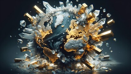 A detailed 16_9 image of an Earth made entirely of crystal structures with embedded gold bars breaking free.