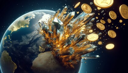 A detailed 16_9 image of the Earth partially covered in fractured crystal structures with gold coins flowing out into space.