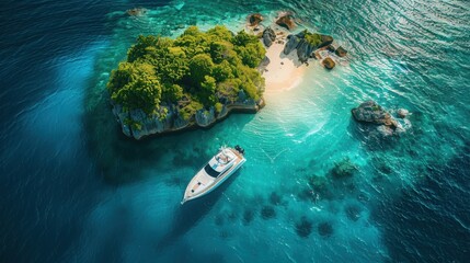 Aerial view of a tropical island with lush greenery, sandy beach, and a luxury yacht floating in clear turquoise water.