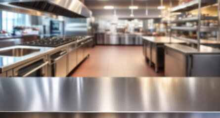 Stainless steel table with commercial kitchen blurred background, product display or mockup