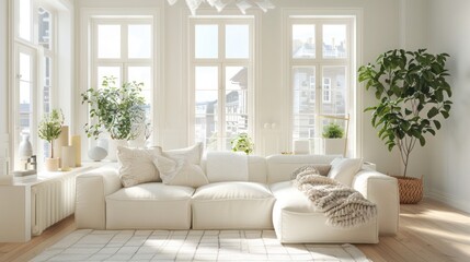 bright Scandinavian living room with large windows, a white wool sofa, light wooden floors, and minimalist plant decorations
