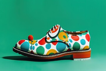 Colorful polka-dotted shoe with circus aesthetic on a green background.