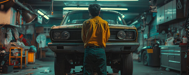 A mechanic inspecting the underside of a car on a hydraulic lift.