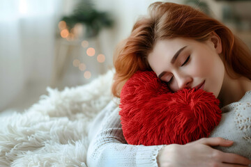 Love yourself concept, take care and give time of yourself more, learn from mistakes and give a chance, person hugging a heart pillow