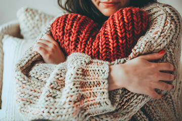 Love yourself concept, take care and give time of yourself more, learn from mistakes and give a chance, person hugging a heart pillow