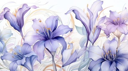 Fototapeta premium Watercolor painting of purple lilies with delicate gold accents.