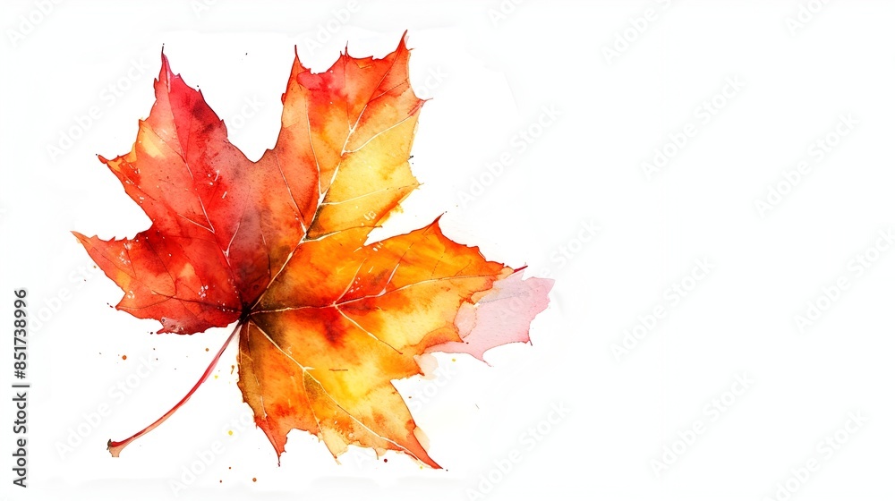 Sticker Vibrant Watercolor Maple Leaf on White Background with Copy Space